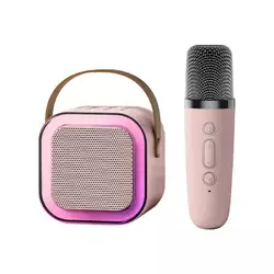 Портативная Караоке Система Детская Bluetooth Колонка + Микрофон с Функцией Смены Голоса + LED Подсветка К12 Розовая